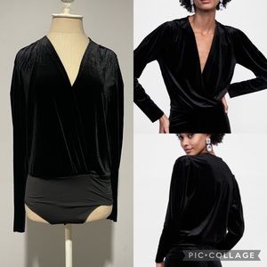 ZARA Black V-Neck Crushed Velvet Surplice Bodysuit Long Sleeve Size Medium